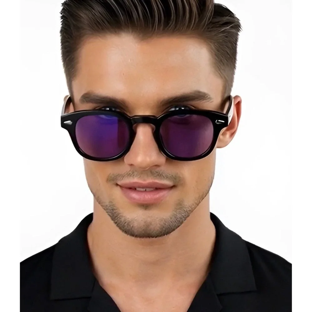 Round Sunglasses Purple Lens Tony Stark Style Men's Fashion Eyewear Lentes Gafas